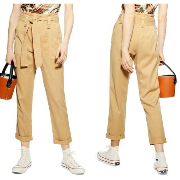 NEW TOPSHOP 12 Rory Paperbag Waist Utility Trousers Cuffed Crop Pants in Beige - Picture 2 of 13